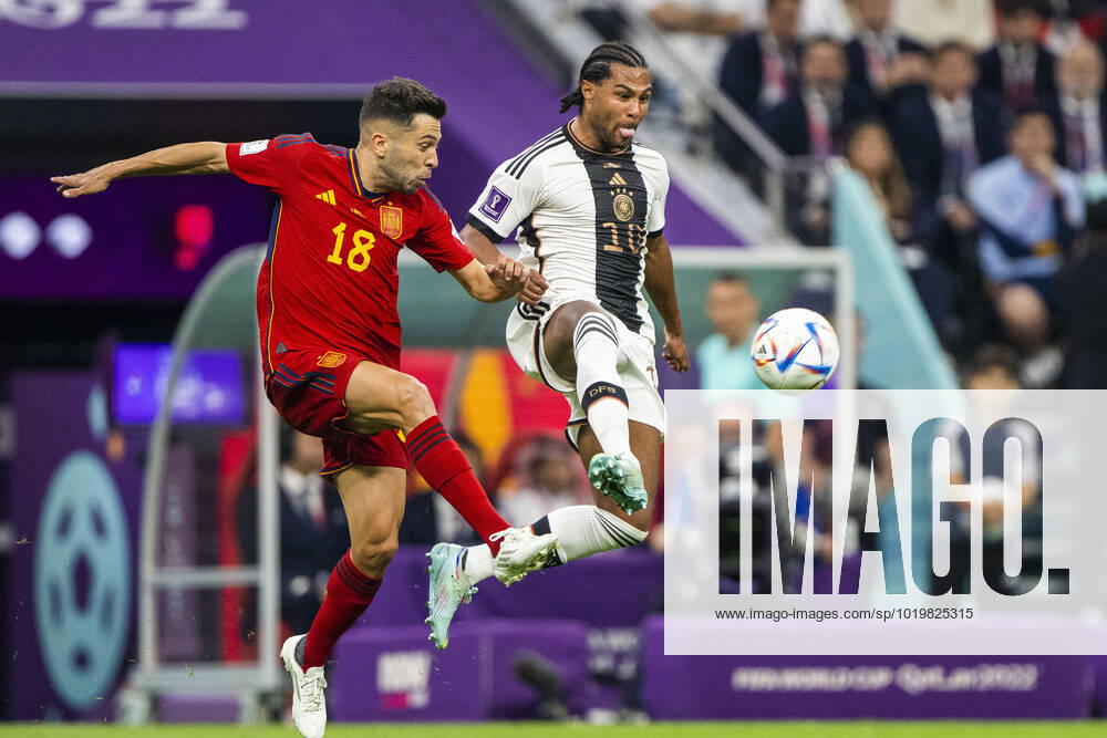 Spain vs germany AL-KHOR, AK - 27.11.2022: SPAIN VS GERMANY - Serge Gnabry of Germany and Jordi Alba of Spain during a match between Spain and Germany, valid for the group stage of the World Cup, held at Al Bayt Stadium in Al-Khor, Qatar. (Photo: Richard Callis Fotoarena) x2300496x RichardxCallis