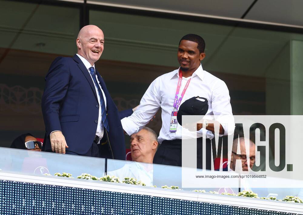 Mandatory Credit: Photo by Kieran McManus Shutterstock (13634916l) FIFA President Gianni Infantino and former Cameroon player Samuel Eto o Cameroon v Serbia, FIFA World Cup, WM, Weltmeisterschaft, Fussball 2022, Group G, Football, Al Janoub Stadium, Al Wakrah, Qatar - 28 Nov 2022 Editorial Use Only Cameroon v Serbia, FIFA World Cup 2022, Group G, Football, Al Janoub Stadium, Al Wakrah, Qatar - 28 Nov 2022 Editorial Use Only