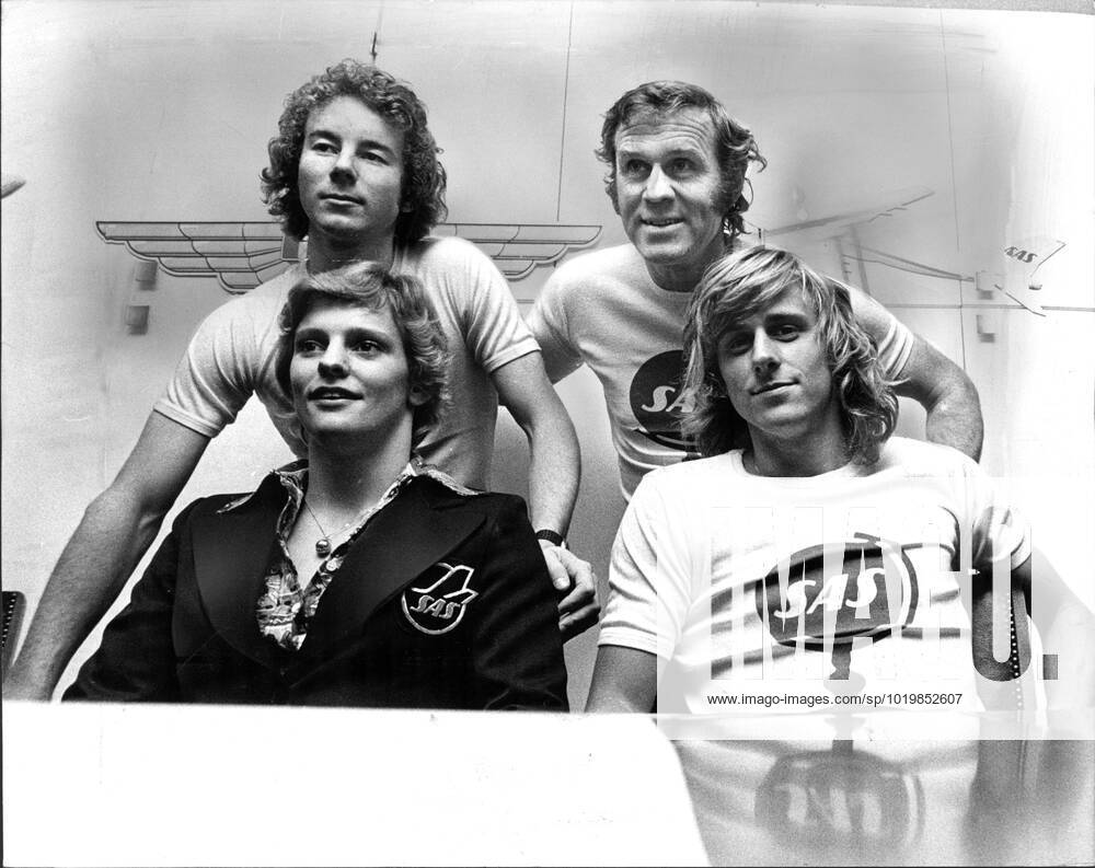 Ulrika Knape, swimmer Sweden and Björn Borg, tennis player Standing fr v Ingemar Stenmark, alpine skier and Sven Tumba, former ice hockey player Sweden 1974 11 07 c SCHREIBER BO Aftonbladet IBL Bildbyra EXPRESSEN OUT AFTONBLADET 2186 Stockholm Sweden Swedish celebrities