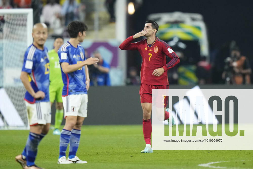 Japan v Spain: Group E - FIFA World Cup, WM, Weltmeisterschaft, Fussball Qatar 2022 Alvaro Morata centre-forward of Spain and Atletico de Madrid celebrates after scoring his sides first goal during the FIFA World Cup Qatar 2022 Group E match between Japan and Spain at Khalifa International Stadium on December 1, 2022 in Doha, Qatar. Doha Qatar