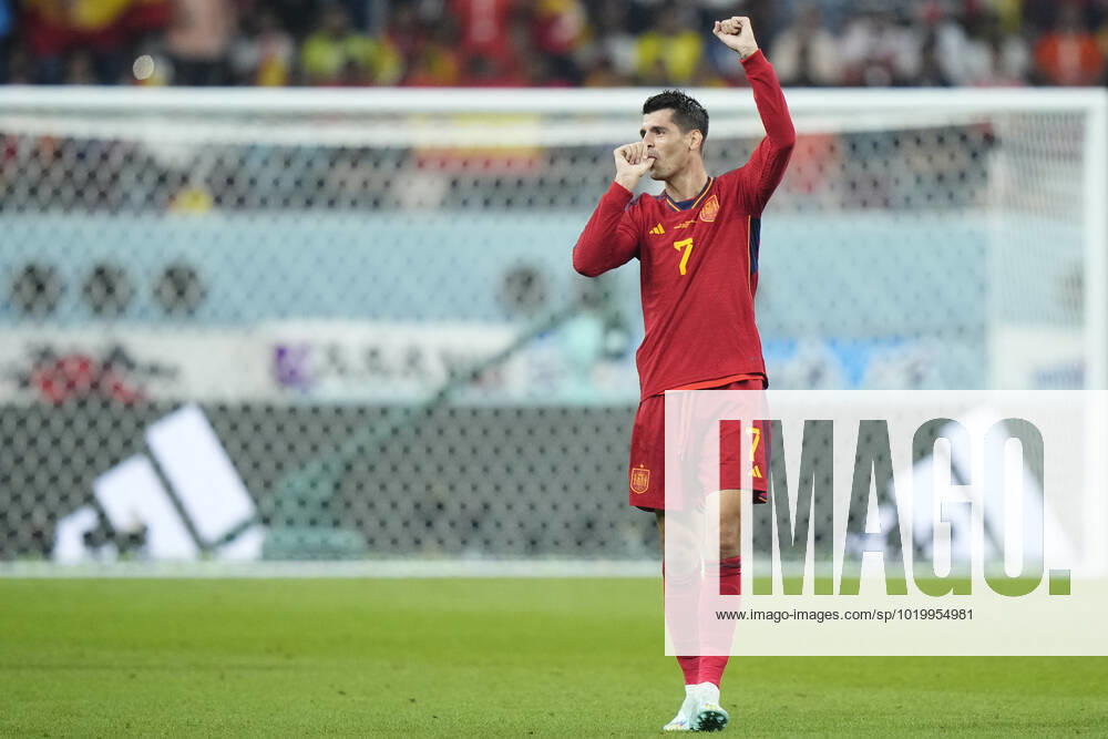 Japan v Spain: Group E - FIFA World Cup, WM, Weltmeisterschaft, Fussball Qatar 2022 Alvaro Morata centre-forward of Spain and Atletico de Madrid celebrates after scoring his sides first goal during the FIFA World Cup Qatar 2022 Group E match between Japan and Spain at Khalifa International Stadium on December 1, 2022 in Doha, Qatar. Doha Qatar