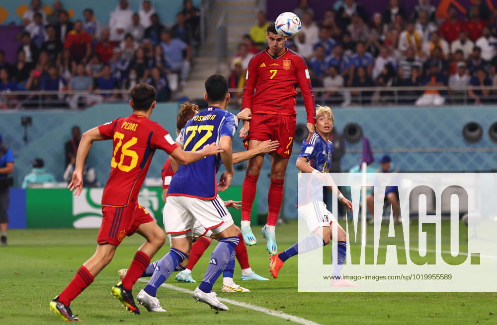 Doha, Qatar, 1st December 2022. Alvaro Morata of Spain scoring the first goal during the FIFA World Cup, WM, Weltmeisterschaft, Fussball 2022 match at Khalifa International Stadium, Doha. Picture credit should read: David Klein Sportimage . SPI-2077-0018