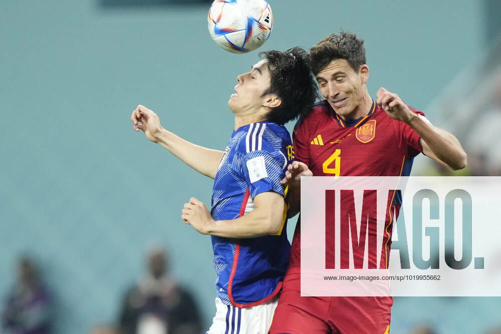 Japan v Spain: Group E - FIFA World Cup, WM, Weltmeisterschaft, Fussball Qatar 2022 Ao Tanaka Central Midfield of Japan and Fortuna Dusseldorf and Pau Torres centre-back of Spain and Villarreal CF compete for the ball during the FIFA World Cup Qatar 2022 Group E match between Japan and Spain at Khalifa International Stadium on December 1, 2022 in Doha, Qatar. Doha Qatar