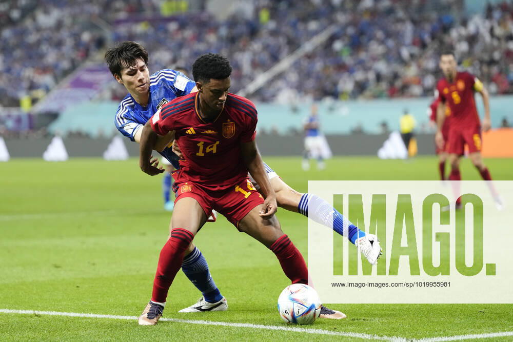 Japan v Spain: Group E - FIFA World Cup, WM, Weltmeisterschaft, Fussball Qatar 2022 Ao Tanaka Central Midfield of Japan and Fortuna Dusseldorf and Alejandro Balde left-back of Spain and FC Barcelona, Barca compete for the ball during the FIFA World Cup Qatar 2022 Group E match between Japan and Spain at Khalifa International Stadium on December 1, 2022 in Doha, Qatar. Doha Qatar