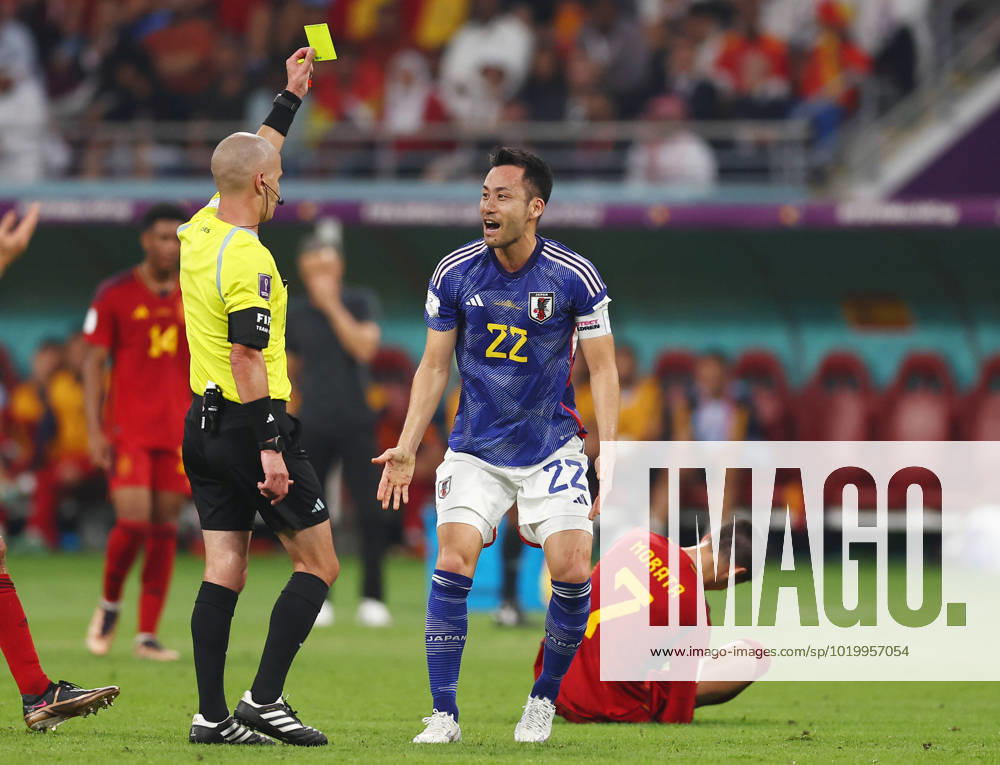 Doha, Qatar, 1st December 2022. Maya Yoshida of Japan receives a yellow card during the FIFA World Cup, WM, Weltmeisterschaft, Fussball 2022 match at Khalifa International Stadium, Doha. Picture credit should read: David Klein Sportimage . SPI-2077-0072