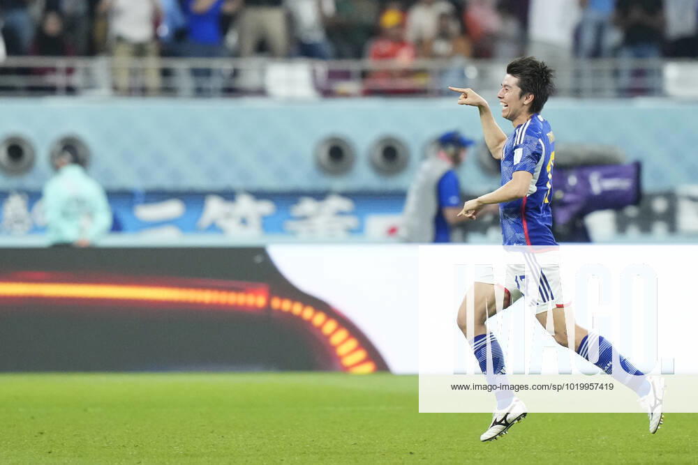 Japan v Spain: Group E - FIFA World Cup, WM, Weltmeisterschaft, Fussball Qatar 2022 Ao Tanaka Central Midfield of Japan and Fortuna Dusseldorf celebrates after scoring his sides first goal during the FIFA World Cup Qatar 2022 Group E match between Japan and Spain at Khalifa International Stadium on December 1, 2022 in Doha, Qatar. Doha Qatar