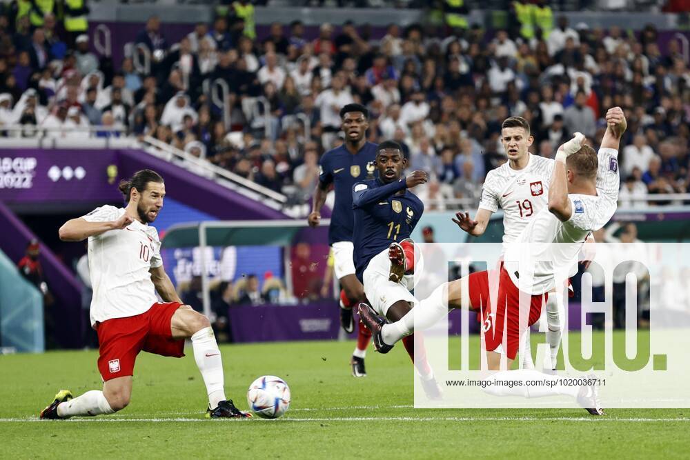 DOHA l r Grzegorz Krychowiak of Poland, Ousmane Dembele of France, Kamil Glik of Poland during the FIFA World Cup Qatar 2022 round of 16 match between France and Poland at Al Thumama Stadium on December 4, 2022 in Doha, Qatar AP Dutch Height MAURICE OF STONE FIFA World Cup Qatar 2022 2022 ANPxSportx xMauricexvanxSteenxWKxIVx 458858635 originalFilename: 458858635