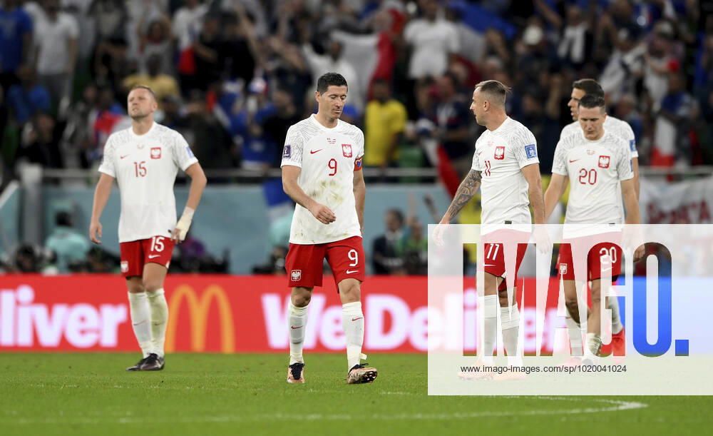 FOOTBALL World Cup 2022 Round of 16 France Poland 04 12 2022 Disappointment at Poland from left, Kamil Glik, Robert Lewandowski, Kamil Grosicki, Piotr Zielinski