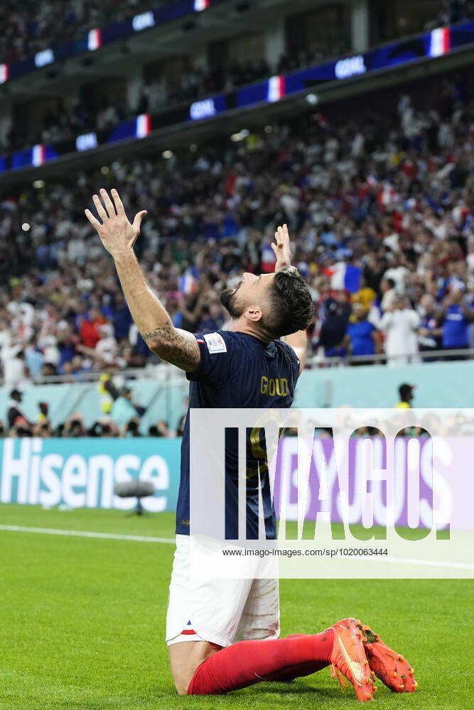 France v Poland: Round of 16 - FIFA World Cup, WM, Weltmeisterschaft, Fussball Qatar 2022 Olivier Giroud centre-forward of France and AC Milan celebrates after scoring his sides first goal during the FIFA World Cup Qatar 2022 Round of 16 match between France and Poland at Al Thumama Stadium on December 4, 2022 in Doha, Qatar. Doha Qatar
