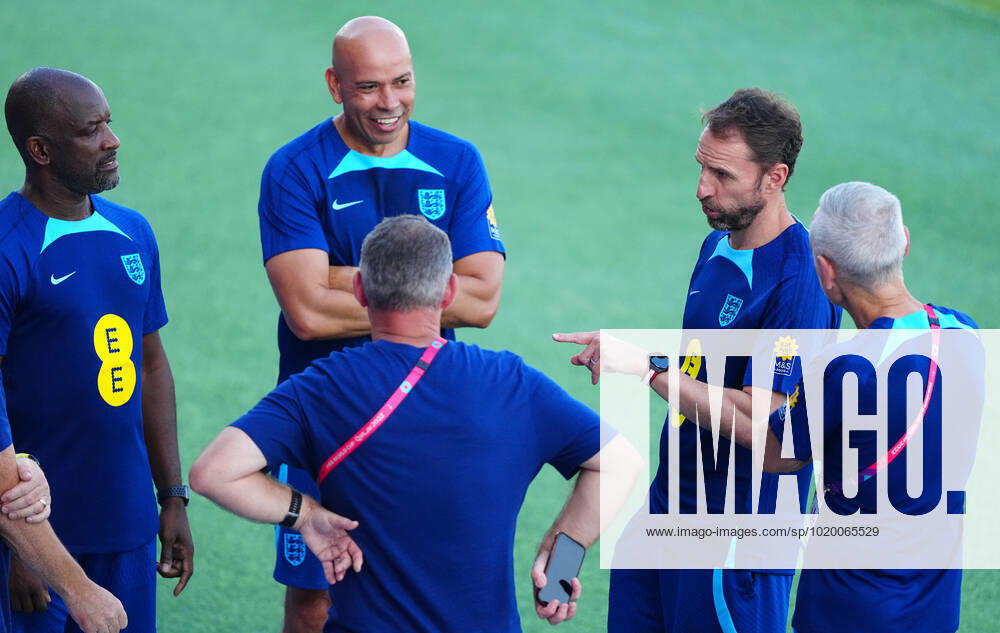 Mandatory Credit: Photo by Javier Garcia Shutterstock (13649416e) England manager Gareth Southgate speaks with his backroom staff England Training, FIFA World Cup, WM, Weltmeisterschaft, Fussball 2022, Football, Al Wakrah Sports Complex, Al Wakrah, Qatar - 05 Dec 2022 Editorial Use Only England Training, FIFA World Cup 2022, Football, Al Wakrah Sports Complex, Al Wakrah, Qatar - 05 Dec 2022 Editorial Use Only
