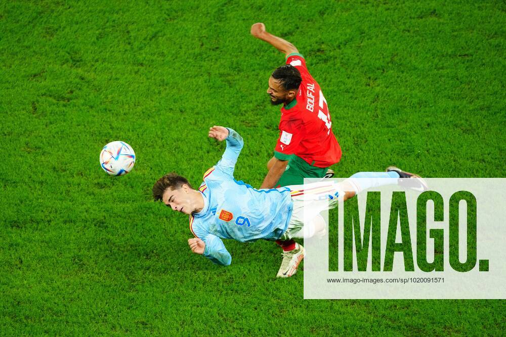 Mandatory Credit: Photo by Javier Garcia Shutterstock (13651659ac) Gavi of Spain wins a header from Sofiane Boufal of Morocco. Morocco v Spain, FIFA World Cup, WM, Weltmeisterschaft, Fussball 2022, Round of 16, Football, Education City Stadium, Doha, Qatar - 06 Dec 2022 Editorial Use Only Morocco v Spain, FIFA World Cup 2022, Round of 16, Football, Education City Stadium, Doha, Qatar - 06 Dec 2022 Editorial Use Only
