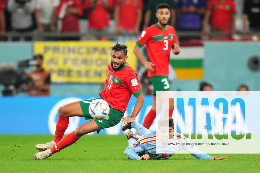 QAT: Spain v Germany. FIFA World Cup, WM, Weltmeisterschaft, Fussball Qatar 2022 Pablo Martin Gavi of Spain and Sofiane Boufal of Morocco during the FIFA World Cup Qatar 2022 match, Group E, between Spain and Germany played at Al Bayt Stadium on Nov 27, 2022 in Al Khor, Qatar.