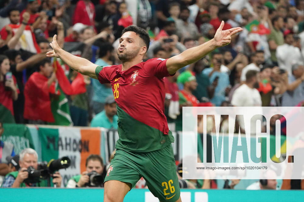 Football , FIFA World Cup 2022, Football World Cup Qatar 2022, Round of 16 Portugal Switzerland, 06 12 2022, Lusail Stadium Doha Qatar, Goncalo Ramos, Portugal Goal Cheers, action, single image, photo Chai von der Laage FIFA regulations prohibit any use of photographs as image sequences and or quasi video ,
