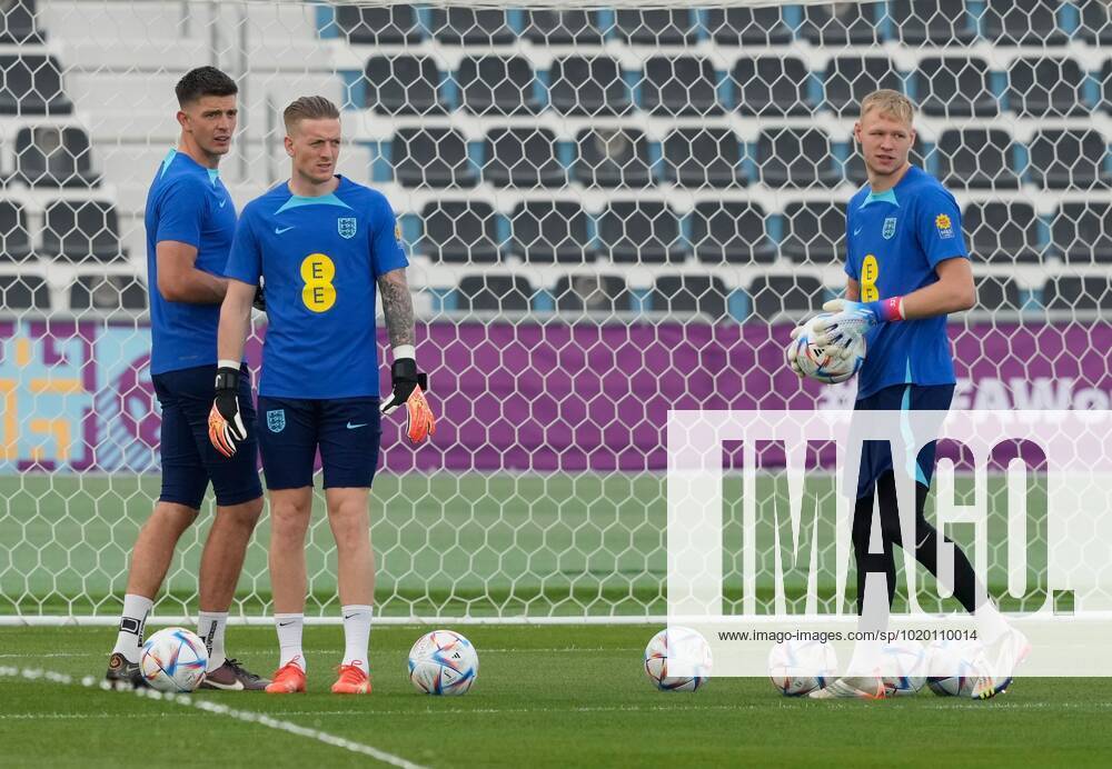 Mandatory Credit: Photo by Dave Shopland Shutterstock (13652017f) England goalkeepers l to r Goalkeepers Nick Pope Jordan Pickford and Goalkeeper Aaron Ramsdale England Training and press conference, PK, Pressekonferenz FIFA World Cup, WM, Weltmeisterschaft, Fussball 2022, Football, Al Wakrah Sports Complex, Al Wakrah, Qatar - 07 Dec 2022 Editorial Use Only England Training and Press Conference, FIFA World Cup 2022, Football, Al Wakrah Sports Complex, Al Wakrah, Qatar - 07 Dec 2022 Editorial Use Only