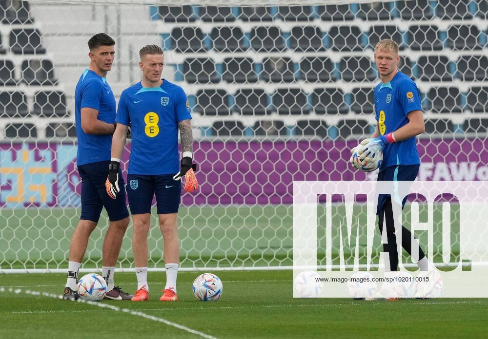 Mandatory Credit: Photo by Dave Shopland Shutterstock (13652017g) England goalkeepers l to r Goalkeepers Nick Pope Jordan Pickford and Goalkeeper Aaron Ramsdale England Training and press conference, PK, Pressekonferenz FIFA World Cup, WM, Weltmeisterschaft, Fussball 2022, Football, Al Wakrah Sports Complex, Al Wakrah, Qatar - 07 Dec 2022 Editorial Use Only England Training and Press Conference, FIFA World Cup 2022, Football, Al Wakrah Sports Complex, Al Wakrah, Qatar - 07 Dec 2022 Editorial Use Only