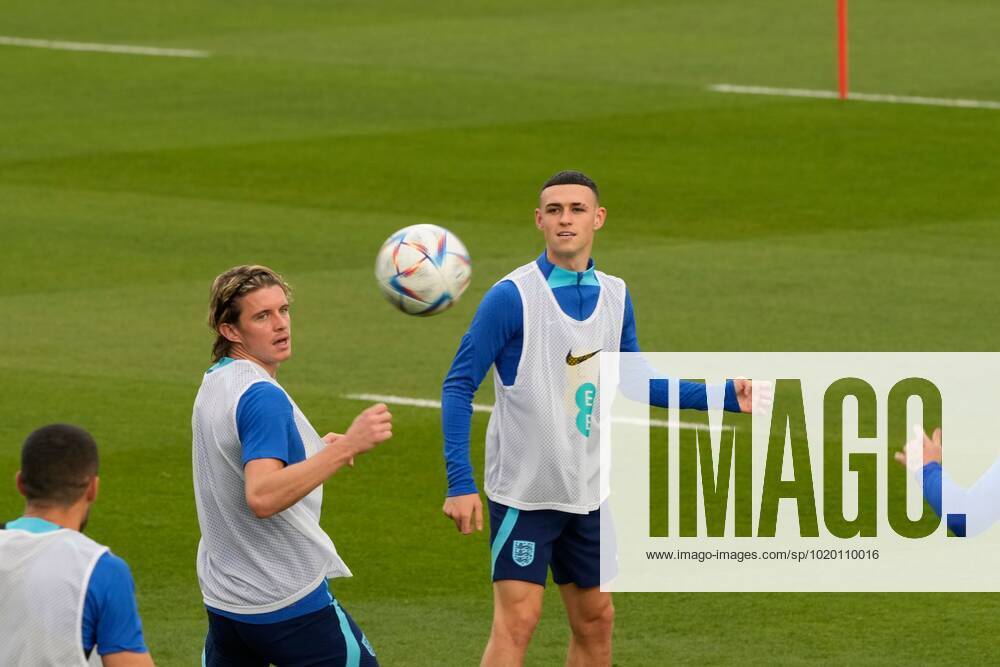 Mandatory Credit: Photo by Dave Shopland Shutterstock (13652017h) Conor Gallagher and Phil Foden of England England Training and press conference, PK, Pressekonferenz FIFA World Cup, WM, Weltmeisterschaft, Fussball 2022, Football, Al Wakrah Sports Complex, Al Wakrah, Qatar - 07 Dec 2022 Editorial Use Only England Training and Press Conference, FIFA World Cup 2022, Football, Al Wakrah Sports Complex, Al Wakrah, Qatar - 07 Dec 2022 Editorial Use Only