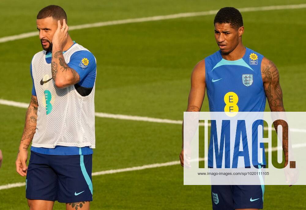 Mandatory Credit: Photo by Dave Shopland Shutterstock (13652017ao) Kyle Walker and Marcus Rashford of England England Training and press conference, PK, Pressekonferenz FIFA World Cup, WM, Weltmeisterschaft, Fussball 2022, Football, Al Wakrah Sports Complex, Al Wakrah, Qatar - 07 Dec 2022 Editorial Use Only England Training and Press Conference, FIFA World Cup 2022, Football, Al Wakrah Sports Complex, Al Wakrah, Qatar - 07 Dec 2022 Editorial Use Only