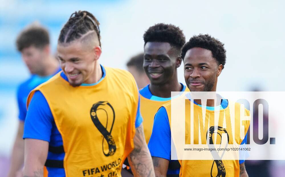 Mandatory Credit: Photo by Javier Garcia Shutterstock (13658575q) Raheem Sterling of England with Bukayo Saka and Kalvin Phillips England Training and press conference, PK, Pressekonferenz FIFA World Cup, WM, Weltmeisterschaft, Fussball 2022, Football, Al Wakrah Sports Complex, Al Wakrah, Qatar - 09 Dec 2022 Editorial Use Only England Training and Press Conference, FIFA World Cup 2022, Football, Al Wakrah Sports Complex, Al Wakrah, Qatar - 09 Dec 2022 Editorial Use Only