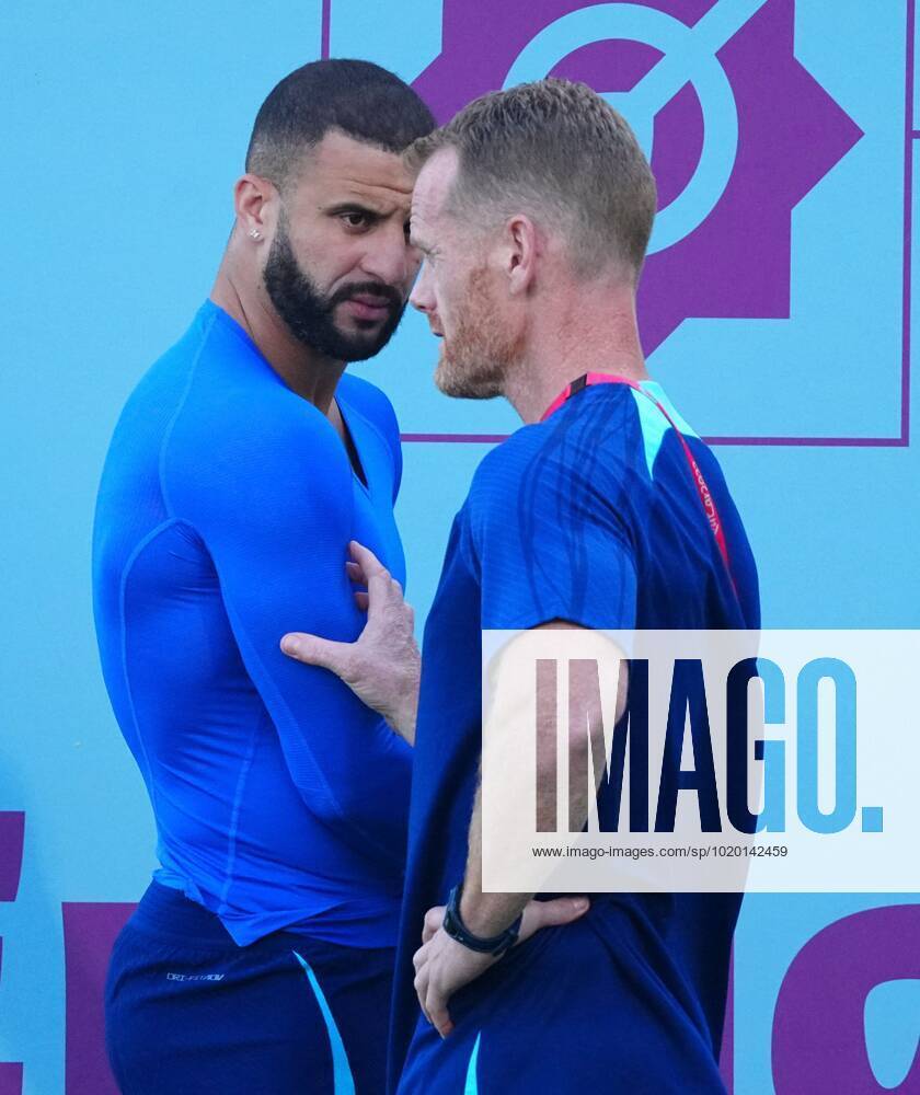 Mandatory Credit: Photo by Javier Garcia Shutterstock (13658575bm) Kyle Walker of England flexes his muscles with one of the backroom staff England Training and press conference, PK, Pressekonferenz FIFA World Cup, WM, Weltmeisterschaft, Fussball 2022, Football, Al Wakrah Sports Complex, Al Wakrah, Qatar - 09 Dec 2022 Editorial Use Only England Training and Press Conference, FIFA World Cup 2022, Football, Al Wakrah Sports Complex, Al Wakrah, Qatar - 09 Dec 2022 Editorial Use Only