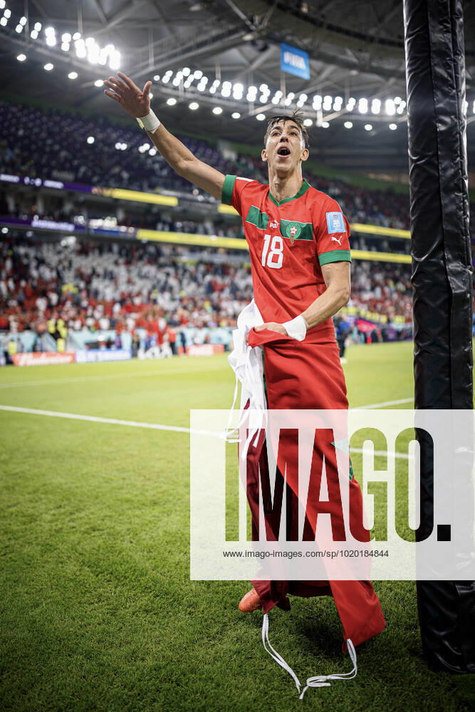 Morocco vs portugal DOHA, CA - 10.12.2022: MOROCCO VS PORTUGAL - EL YAMIQ Jawad from Morocco celebrates qualifying for the semi-final after the match between Morocco and Portugal, valid for the quarterfinals of the World Cup, held at Al Thumama Stadium in Doha, Qatar. (Photo: Marcelo Machado de Melo Fotoarena) x2308630x MarceloxMachadoxdexMelo