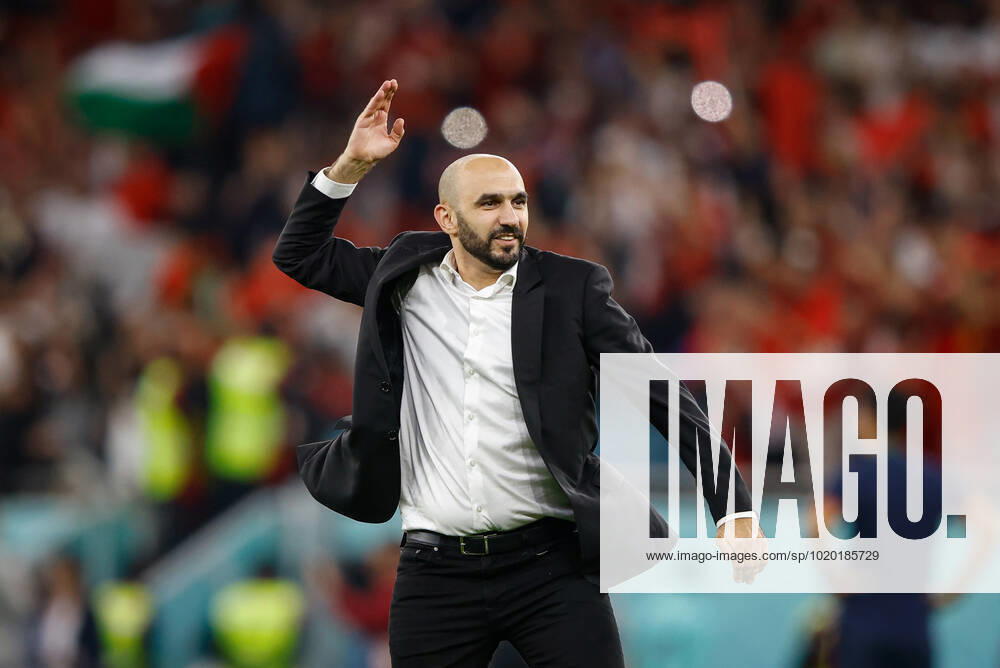 Morocco vs portugal DOHA, CA - 10.12.2022: MOROCCO VS PORTUGAL - Coach REGRAGUI Walid from Morocco celebrates ranking during the match between Morocco and Portugal, valid for the quarterfinals of the World Cup, held at the Al Thumama Stadium in Doha, Qatar. (Photo: Rodolfo Buhrer La Imagem Fotoarena) x2308662x RodolfoxBuhrer