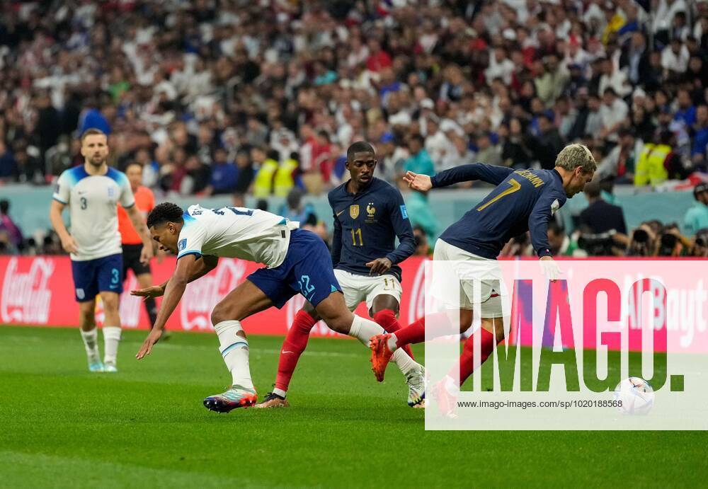 Mandatory Credit: Photo by Dave Shopland Shutterstock (13655765ap) Antoine Griezmann of France wins the ball off Jude Bellingham of England England v France, FIFA World Cup, WM, Weltmeisterschaft, Fussball 2022, Quarter Final, Football, Al Bayt Stadium, Al Khor, Qatar - 10 Dec 2022 Editorial Use Only England v France, FIFA World Cup 2022, Quarter Final, Football, Al Bayt Stadium, Al Khor, Qatar - 10 Dec 2022 Editorial Use Only