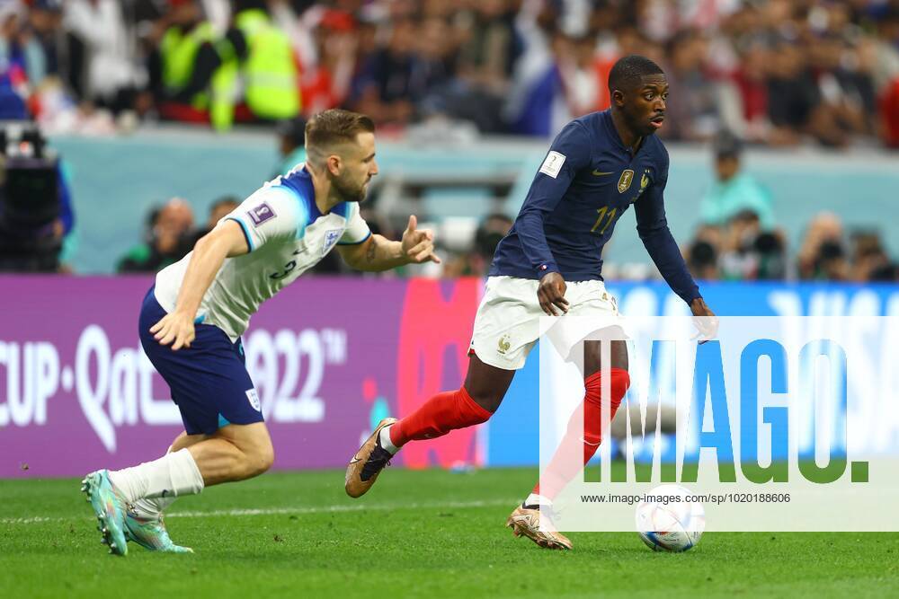 Mandatory Credit: Photo by Kieran McManus Shutterstock (13655770au) Luke Shaw of England and Ousmane Dembele of France England v France, FIFA World Cup, WM, Weltmeisterschaft, Fussball 2022, Quarter Final, Football, Al Bayt Stadium, Al Khor, Qatar - 10 Dec 2022 Editorial Use Only England v France, FIFA World Cup 2022, Quarter Final, Football, Al Bayt Stadium, Al Khor, Qatar - 10 Dec 2022 Editorial Use Only