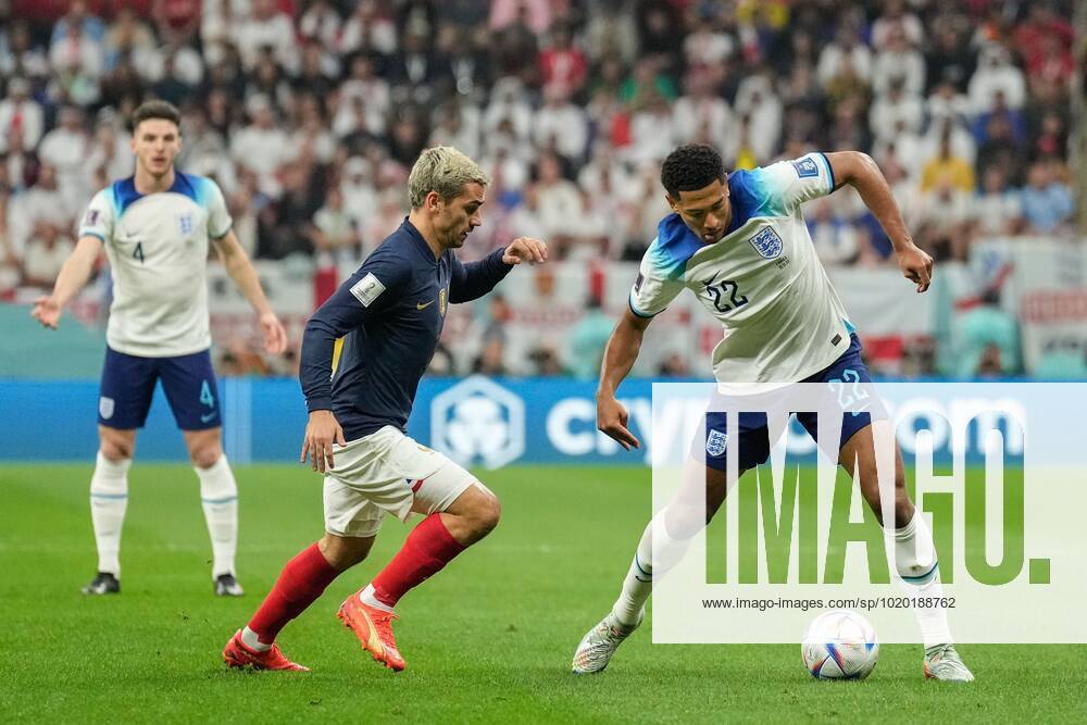 Mandatory Credit: Photo by Dave Shopland Shutterstock (13655765aq) Jude Bellingham of England is challenged by Antoine Griezmann of France England v France, FIFA World Cup, WM, Weltmeisterschaft, Fussball 2022, Quarter Final, Football, Al Bayt Stadium, Al Khor, Qatar - 10 Dec 2022 Editorial Use Only England v France, FIFA World Cup 2022, Quarter Final, Football, Al Bayt Stadium, Al Khor, Qatar - 10 Dec 2022 Editorial Use Only