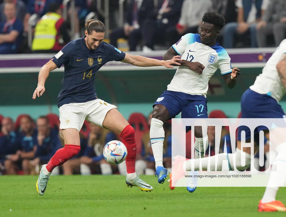 QAT, World Cup FIFA 2022, Quarterfinal, England vs France 10 12 2022, Al Bayt Stadium, Doha, QAT, World Cup FIFA 2022, Quarterfinal, England vs France, pictured France s midfielder Adrien Rabiot , England s forward Bukayo Saka nordphotoxGmbHx xBratic nph00250