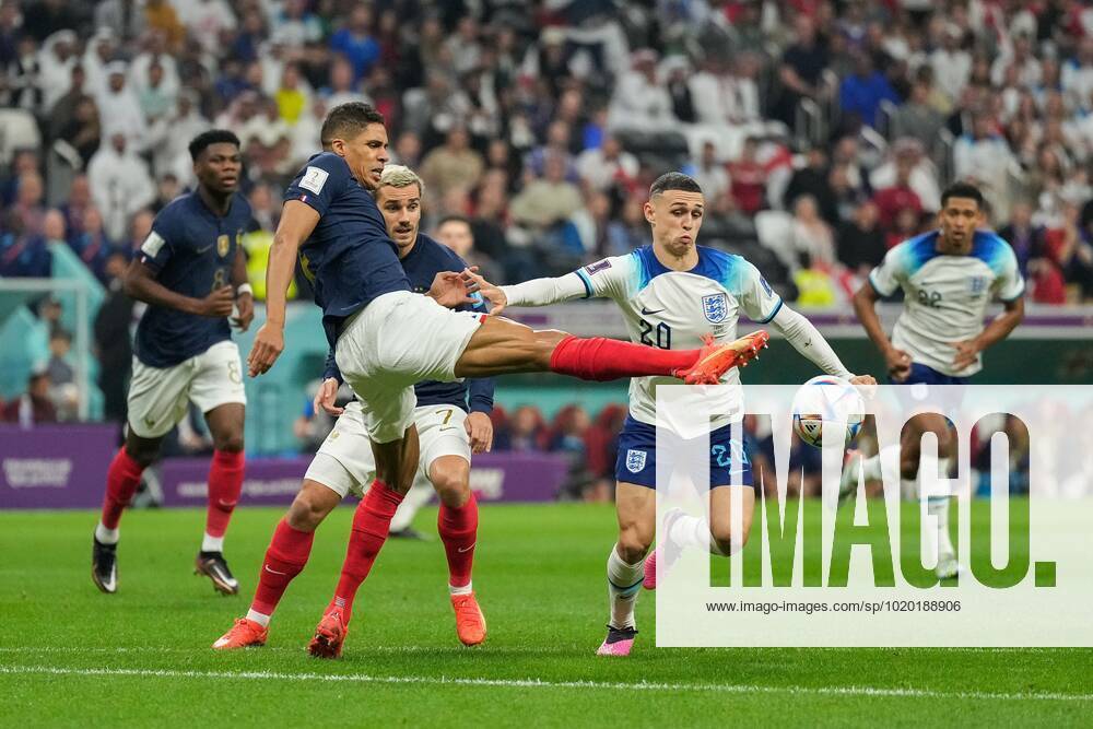 Mandatory Credit: Photo by Dave Shopland Shutterstock (13655765at) Raphael Varane of France challenges Phil Foden of England England v France, FIFA World Cup, WM, Weltmeisterschaft, Fussball 2022, Quarter Final, Football, Al Bayt Stadium, Al Khor, Qatar - 10 Dec 2022 Editorial Use Only England v France, FIFA World Cup 2022, Quarter Final, Football, Al Bayt Stadium, Al Khor, Qatar - 10 Dec 2022 Editorial Use Only