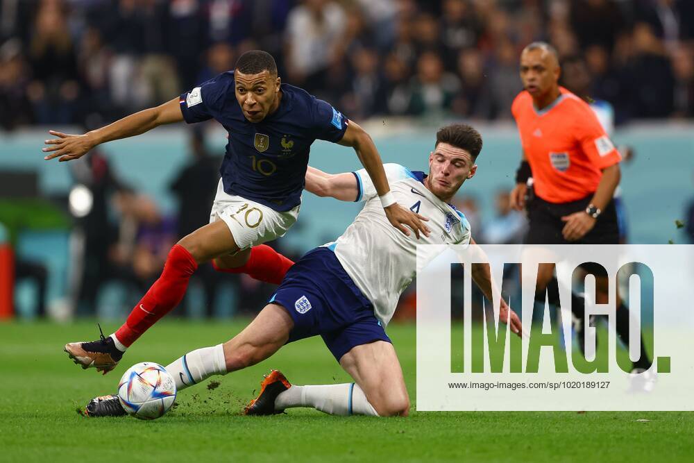 Mandatory Credit: Photo by Kieran McManus Shutterstock (13655770bc) Declan Rice of England tackles Kylian Mbappe of France England v France, FIFA World Cup, WM, Weltmeisterschaft, Fussball 2022, Quarter Final, Football, Al Bayt Stadium, Al Khor, Qatar - 10 Dec 2022 Editorial Use Only England v France, FIFA World Cup 2022, Quarter Final, Football, Al Bayt Stadium, Al Khor, Qatar - 10 Dec 2022 Editorial Use Only