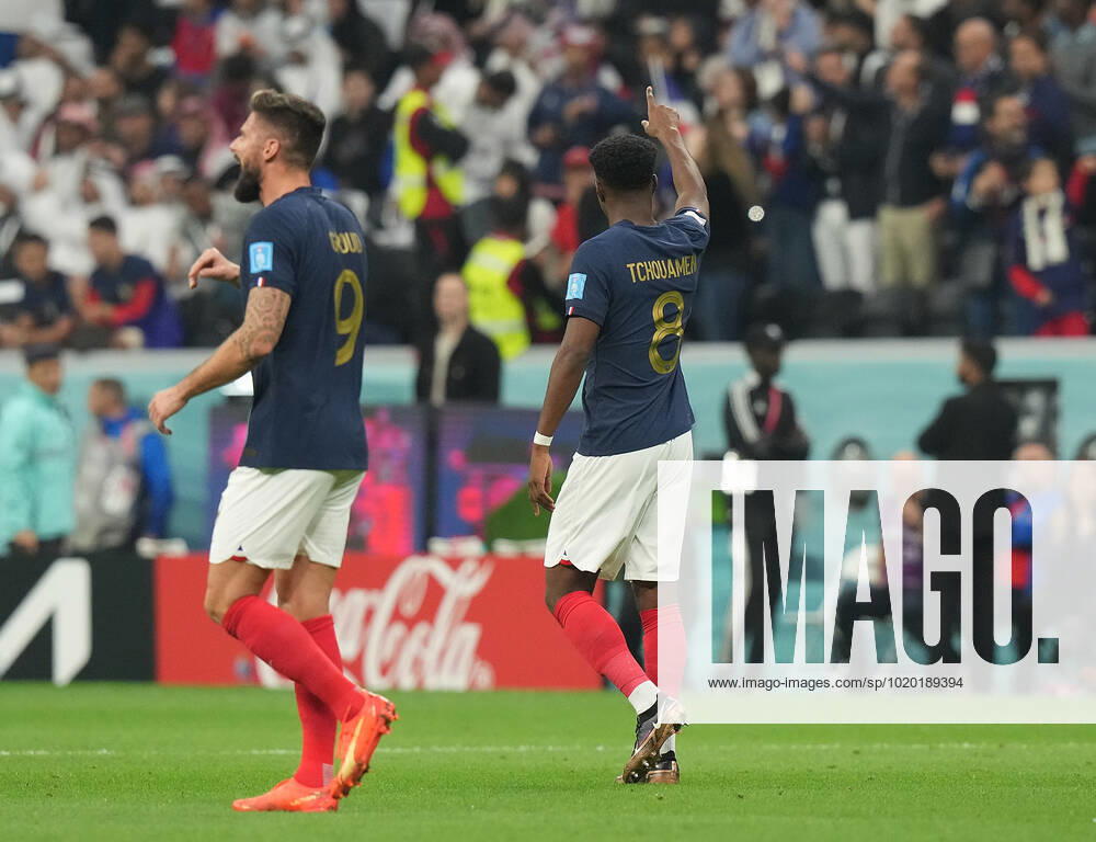 QAT, World Cup FIFA 2022, Quarterfinal, England vs France 10 12 2022, Al Bayt Stadium, Doha, QAT, World Cup FIFA 2022, Quarterfinal, England vs France, pictured France s midfielder Aurelien Tchouameni is happy about the goal to 0 1 nordphotoxGmbHx xBratic nph00250