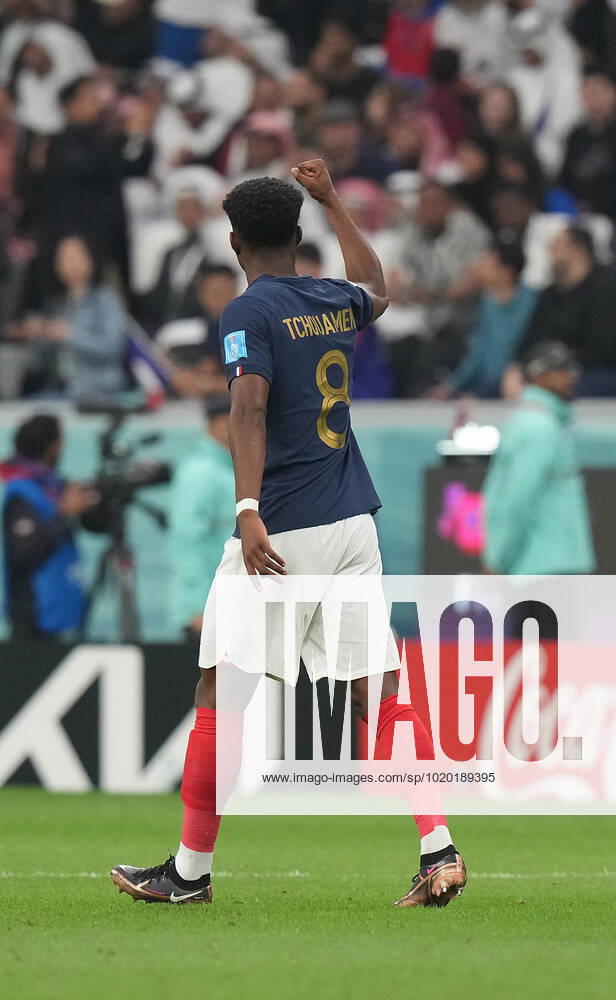 QAT, World Cup FIFA 2022, Quarterfinal, England vs France 10 12 2022, Al Bayt Stadium, Doha, QAT, World Cup FIFA 2022, Quarterfinal, England vs France, pictured France s midfielder Aurelien Tchouameni is happy about the goal to 0 1 nordphotoxGmbHx xBratic nph00250