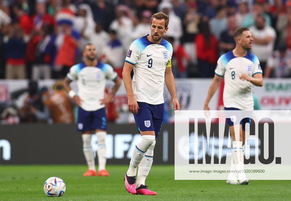 Al Khor, Qatar, 10th December 2022. Harry Kane of England reset the ball following the French goal during the FIFA World Cup, WM, Weltmeisterschaft, Fussball 2022 match at Al Bayt Stadium, Al Khor. Picture credit should read: David Klein Sportimage . SPI-2092-0066
