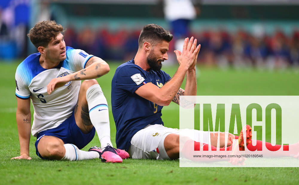 FOOTBALL World Cup 2022 Quarterfinal England France 10 12 2022 General perplexity for John Stones li and Olivier Giroud r, both France