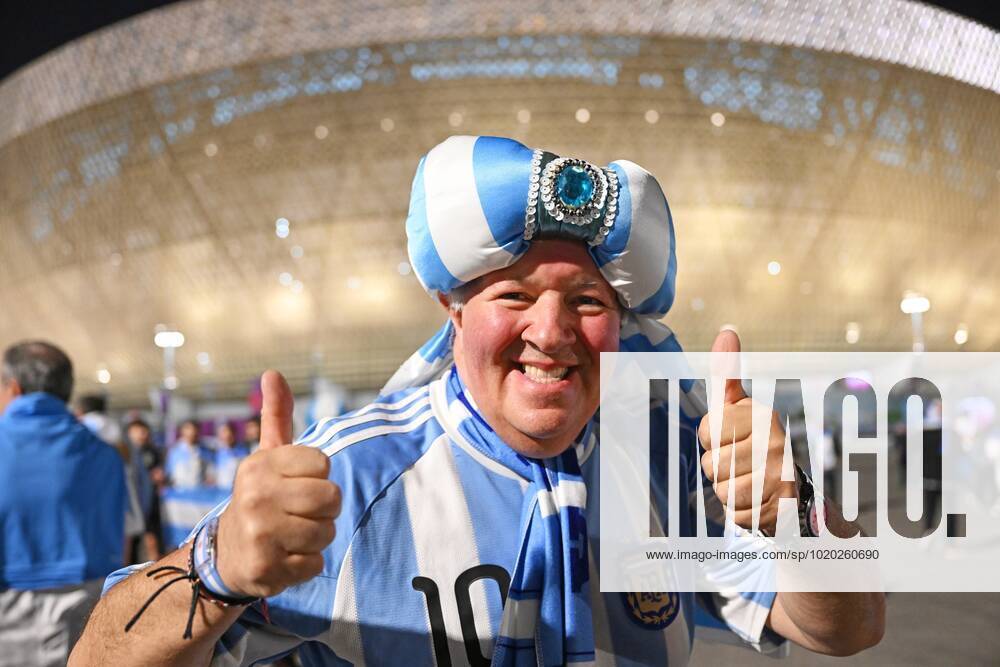 Qatar Soccer World Cup Argentina - Croatia 8338483 13.12.2022 An Argentina s fan poses for a photo before the Qatar 2022 World Cup semi-final match between Argentina and Croatia at the Lusail Iconic Stadium, in Lusail, Qatar. Grigory Sysoev Sputnik Lusail Qatar