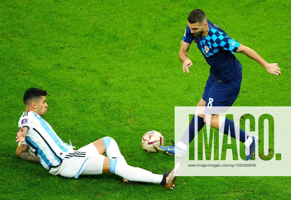 Mandatory Credit: Photo by Javier Garcia Shutterstock (13661834ab) Cristian Romero of Argentina tackles Mateo Kovacic of Croatia Argentina v Croatia, FIFA World Cup, WM, Weltmeisterschaft, Fussball 2022, Semi Final, Football, Lusail Stadium, Al Daayen, Qatar - 13 Dec 2022 Editorial Use Only Argentina v Croatia, FIFA World Cup 2022, Semi Final, Football, Lusail Stadium, Al Daayen, Qatar - 13 Dec 2022 Editorial Use Only