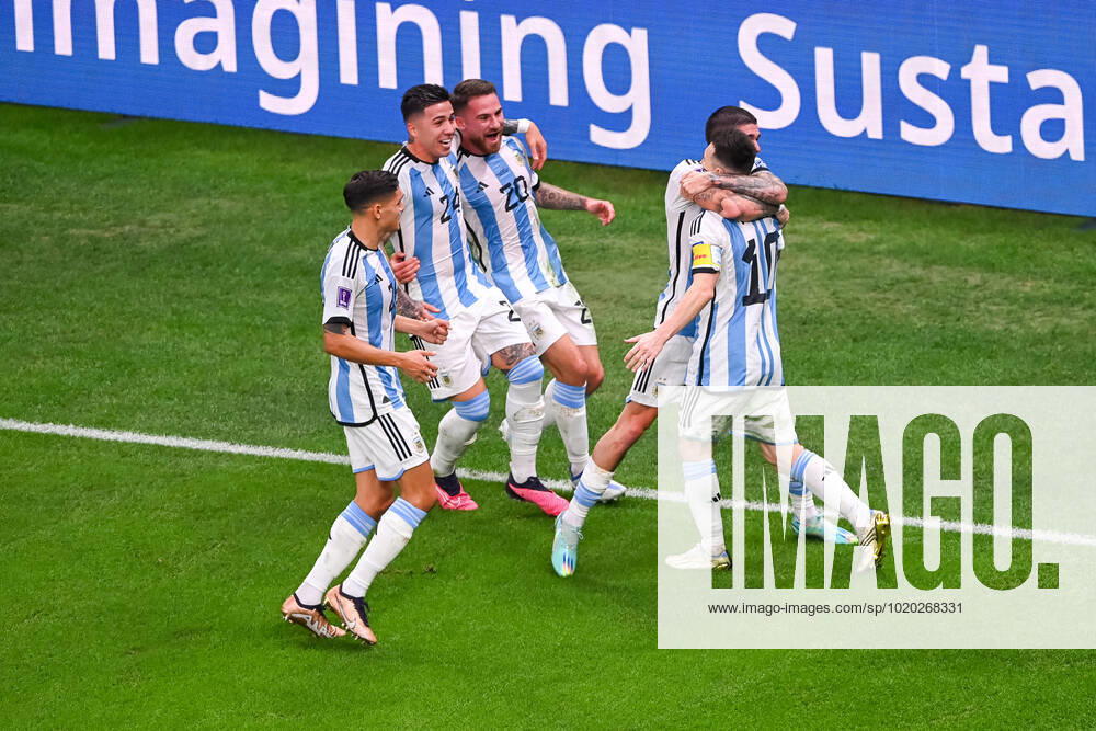 FOOTBALL World Cup 2022 Semifinal Argentina Croatia 13 12 2022 Lionel Messi right cheers after his goal to 1 0 with his teammates Nahuel Molina left , Enzo Fernandez 24 , Alexis Mac Allister 20 and Rodrigo de Paul all Argentina