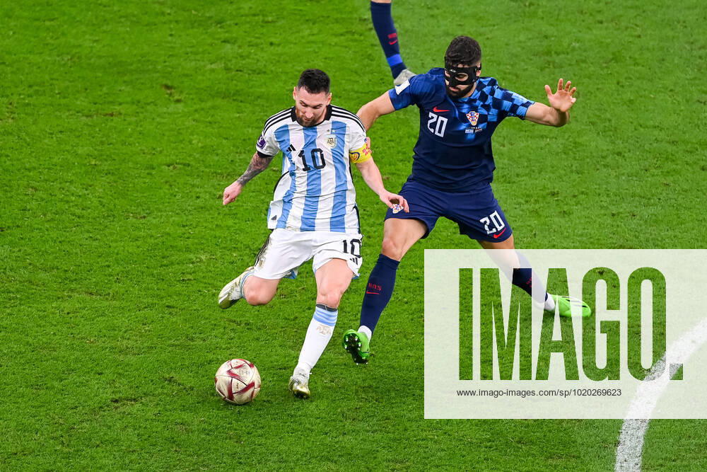 FOOTBALL World Cup 2022 Semifinal Argentina Croatia 13 12 2022 Lionel Messi Argentina left against Josko Gvardiol Croatia