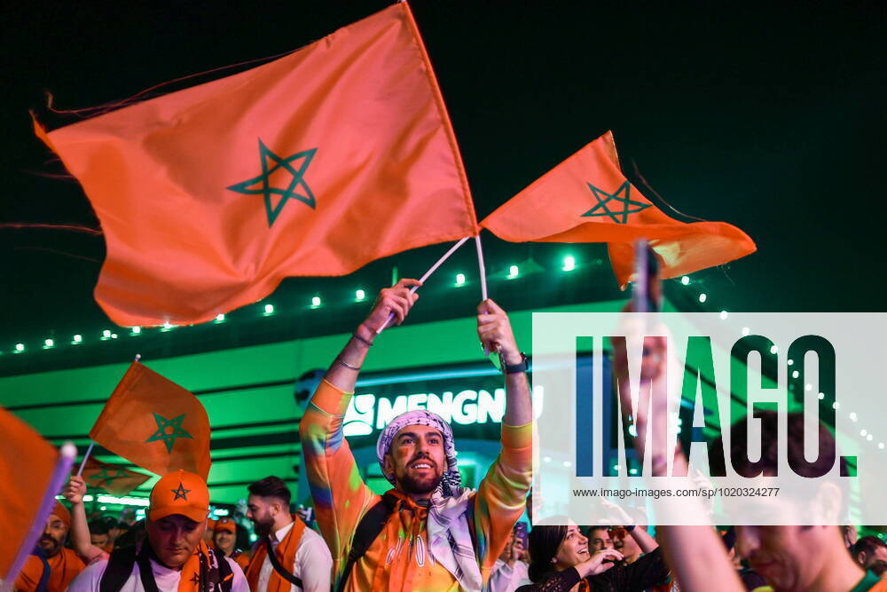 QATAR, AL KHOR - DECEMBER 14, 2022: Morocco s supporters cheer before their 2022 FIFA World Cup, WM, Weltmeisterschaft, Fussball semi-final football match against France at Al-Bayt Stadium. Sergei Bobylev TASS 56418367