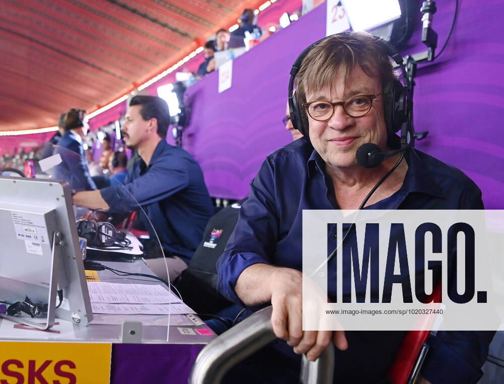 FOOTBALL World Cup 2022 semifinals France Morocco 14 12 2022 ZDF football commentator Bela Rethy commentates on the media tribune of the AL BAyt Stadium on his 66th birthday his last game and then retires, co-commentator Sandro Wagner behind