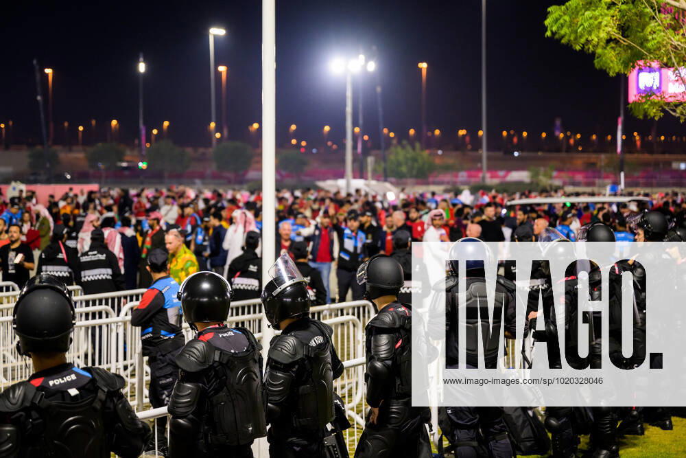 police with riot gear outside of the stadium ahead of the FIFA World Cup 2022 semifinal between France and Morocco on December 14, 2022 in Doha Photo Joel Marklund BILDBYRAN code JM JM0412 bbeng football football soccer fotball world cup football world cup football world cup football world cup 2022 fifa world cup 2022 semi final semi final france france morocco morocco security police,