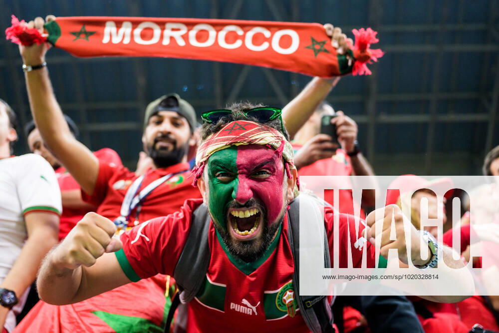 A fan of Morocco ahead of the FIFA World Cup 2022 semifinal between France and Morocco on December 14, 2022 in Doha Photo Joel Marklund BILDBYRAN code JM JM0412 bbeng football football soccer fotball world cup football world cup football world cup 2022 fifa world cup 2022 semifinal semi final france france morocco morocco crowd jubilation fans,