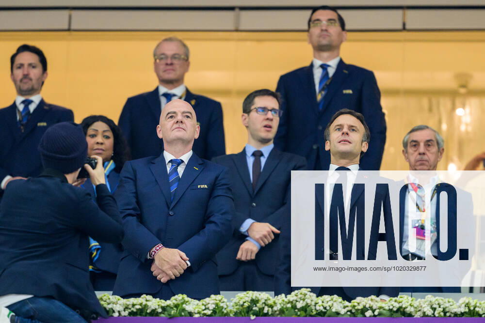 Gianni Infantino, FIFA President, and Emmanuel Macron, President of France, during the FIFA World Cup 2022 semifinal between France and Morocco on December 14, 2022 in Doha Photo Joel Marklund BILDBYRAN code JM JM0412 bbeng football football soccer fotball vm fotbols vm fotball vm soccer world cup 2022 fifa world cup 2022 semi final semi final france france morocco morocco,