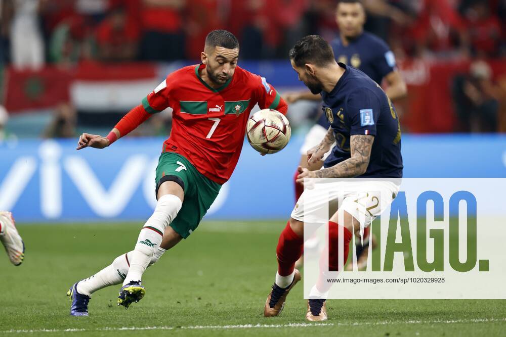 AL KHOR l r Hakim Ziyech of Morocco, Theo Hernandez of France during the FIFA World Cup Qatar 2022 Semifinal match between France and Morocco at Al Bayt Stadium on December 14, 2022 in Al Khor, Qatar AP Dutch Height MAURICE OF STONE FIFA World Cup Qatar 2022 2022 ANPxSportx xMauricexvanxSteenxWKxIVx 459421083 originalFilename: 459421083