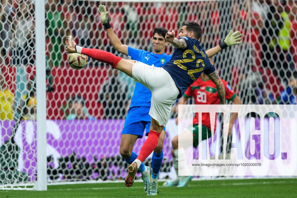 Theo Hernandez of France scores 1 0 behind goalkeeper Yassine Bounou of Morocco during the FIFA World Cup 2022 semifinal between France and Morocco on December 14, 2022 in Doha Photo Joel Marklund BILDBYRAN code JM JM0412 bbeng football football soccer fotball vm fotbols vm fotbols vm fotbols world cup 2022 fifa world cup 2022 semi final semi final france france morocco morocco,