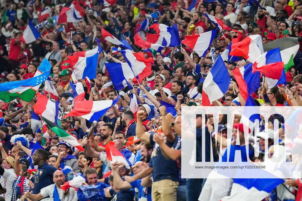 Mandatory Credit: Photo by Dave Shopland Shutterstock (13661844u) France fans celebrate in the stands France v Morocco, FIFA World Cup, WM, Weltmeisterschaft, Fussball 2022, Semi Final, Football, Al Bayt Stadium, Al Khor, Qatar - 14 Dec 2022 Editorial Use Only France v Morocco, FIFA World Cup 2022, Semi Final, Football, Al Bayt Stadium, Al Khor, Qatar - 14 Dec 2022 Editorial Use Only