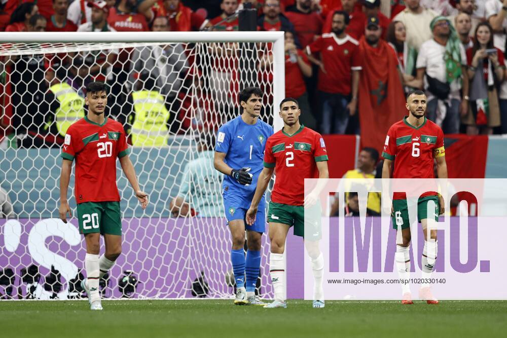 AL KHOR lr Achraf Dari of Morocco, Morocco goalkeeper Yassine Bounou, Achraf Hakimi of Morocco, Romain Saiss of Morocco disappointed after the 1 0 during the FIFA World Cup Qatar 2022 Semifinal match between France and Morocco at Al Bayt Stadium on December 14, 2022 in Al Khor, Qatar AP Dutch Height MAURICE OF STONE FIFA World Cup Qatar 2022 2022 ANPxSportx xMauricexvanxSteenxWKxIVx 459421231 originalFilename: 459421231