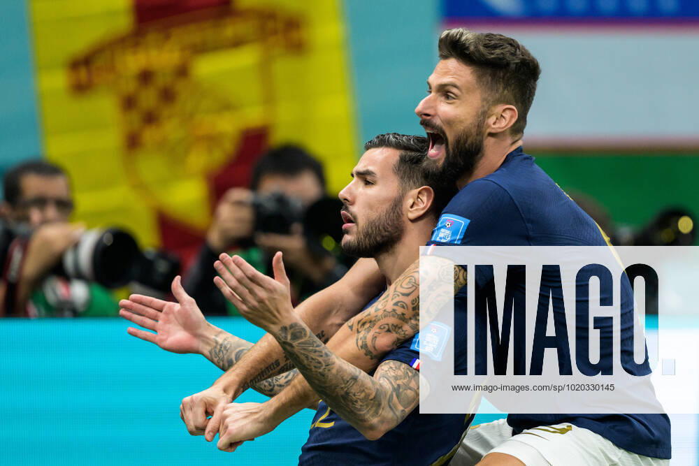 Theo Hernandez and Olivier Giroud of France celebrate after 1 0 during the FIFA World Cup 2022 semifinal between France and Morocco on December 14, 2022 in Doha Photo Joel Marklund PHOTO AGENCY code JM JM0412 bbeng football football soccer fotball world cup football world cup football world cup 2022 fifa world cup 2022 semi final semi final france france morocco morocco jubilation celebration,
