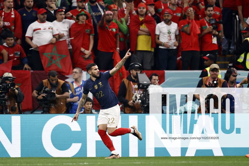 AL KHOR Theo Hernandez of France celebrates the 1 0 during the FIFA World Cup Qatar 2022 Semifinal match between France and Morocco at Al Bayt Stadium on December 14, 2022 in Al Khor, Qatar AP Dutch Height MAURICE OF STONE FIFA World Cup Qatar 2022 2022 ANPxSportx xMauricexvanxSteenxWKxIVx 459421274 originalFilename: 459421274